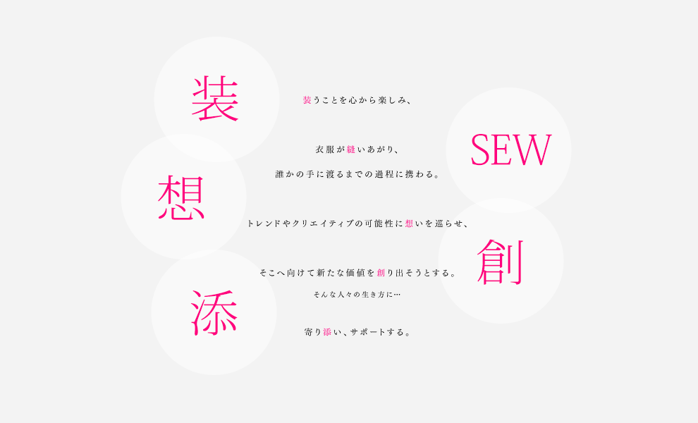 装うことを心から楽しみ、衣服が縫いあがり、誰かの手に渡るまでの過程に携わる。トレンドやクリエイティブの可能性に想いを巡らせ、そこへ向けて新たな価値を創り出そうとする。そんな人々の生き方に...寄り添い、サポートする。